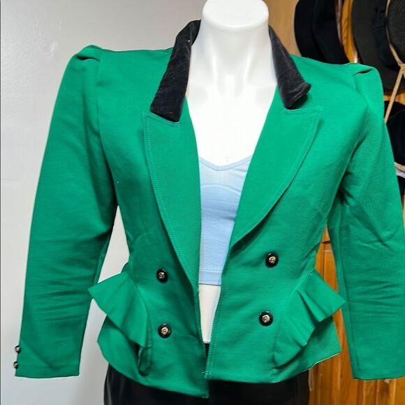 Emerald Green Blazer with Black Collar and Peplum Style - Picture 9 of 11